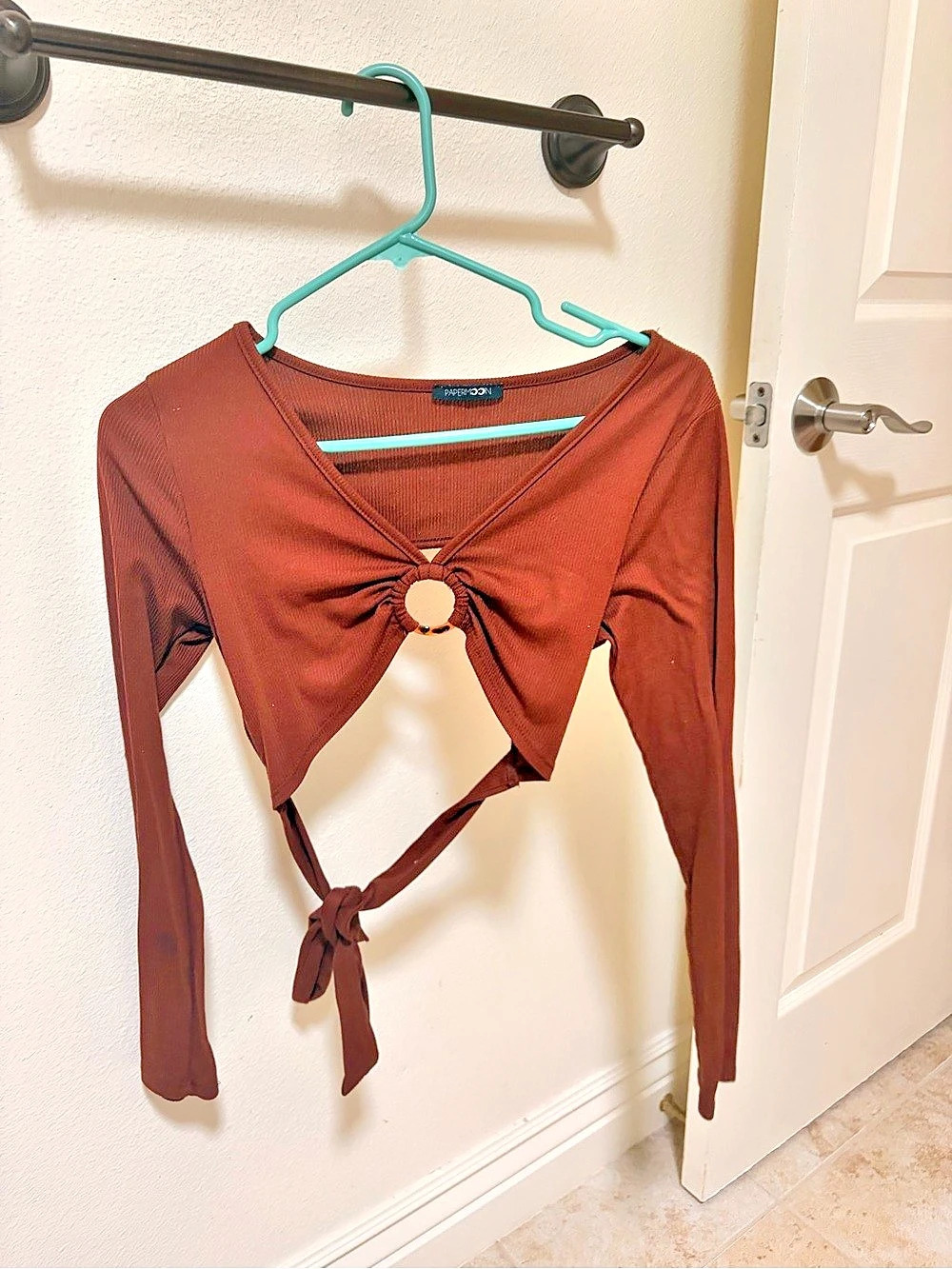 Papermoon Brown Long Sleeve Tie Front Crop Top